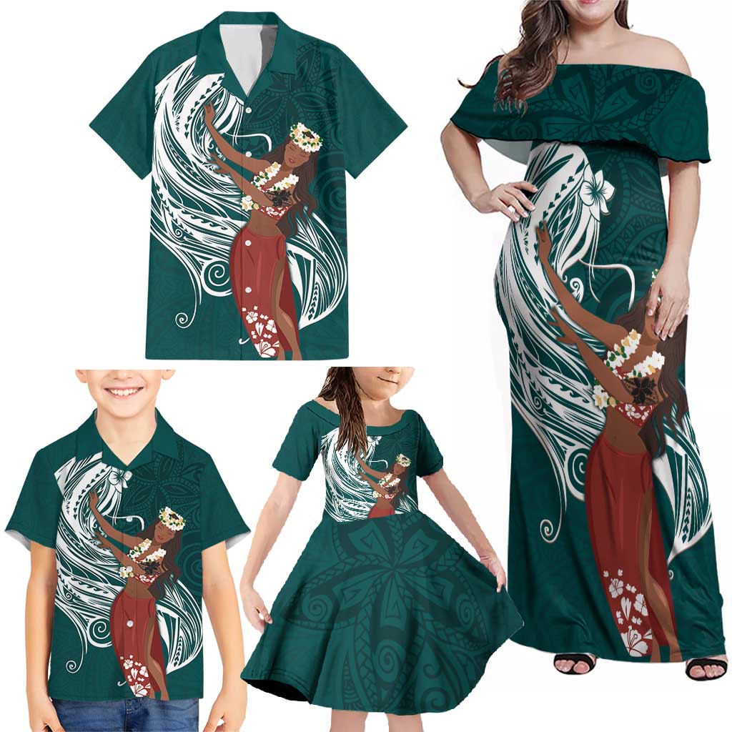 Tahiti Islands Polynesian Plumeria Family Matching Off Shoulder Maxi Dress and Hawaiian Shirt Tahitian Vahine 'Ote'a - Teal