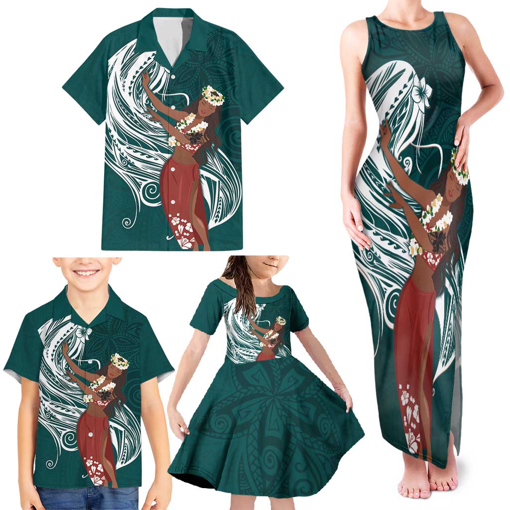 Tahiti Islands Polynesian Plumeria Family Matching Tank Maxi Dress and Hawaiian Shirt Tahitian Vahine 'Ote'a - Teal