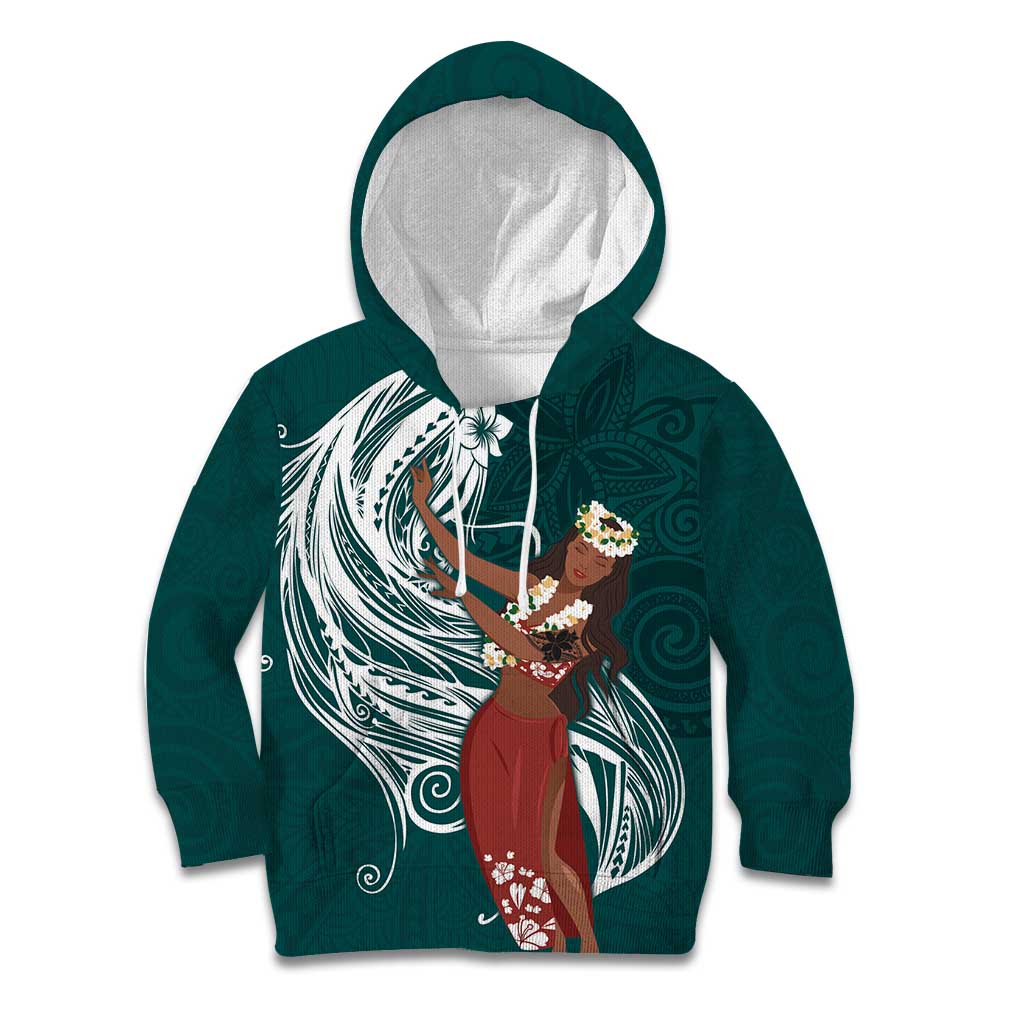 Tahiti Islands Polynesian Plumeria Kid Hoodie Tahitian Vahine 'Ote'a - Teal