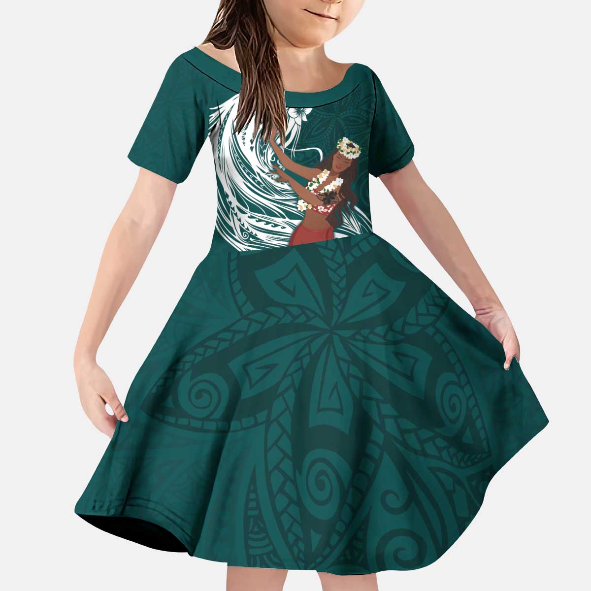 Tahiti Islands Polynesian Plumeria Kid Short Sleeve Dress Tahitian Vahine 'Ote'a - Teal