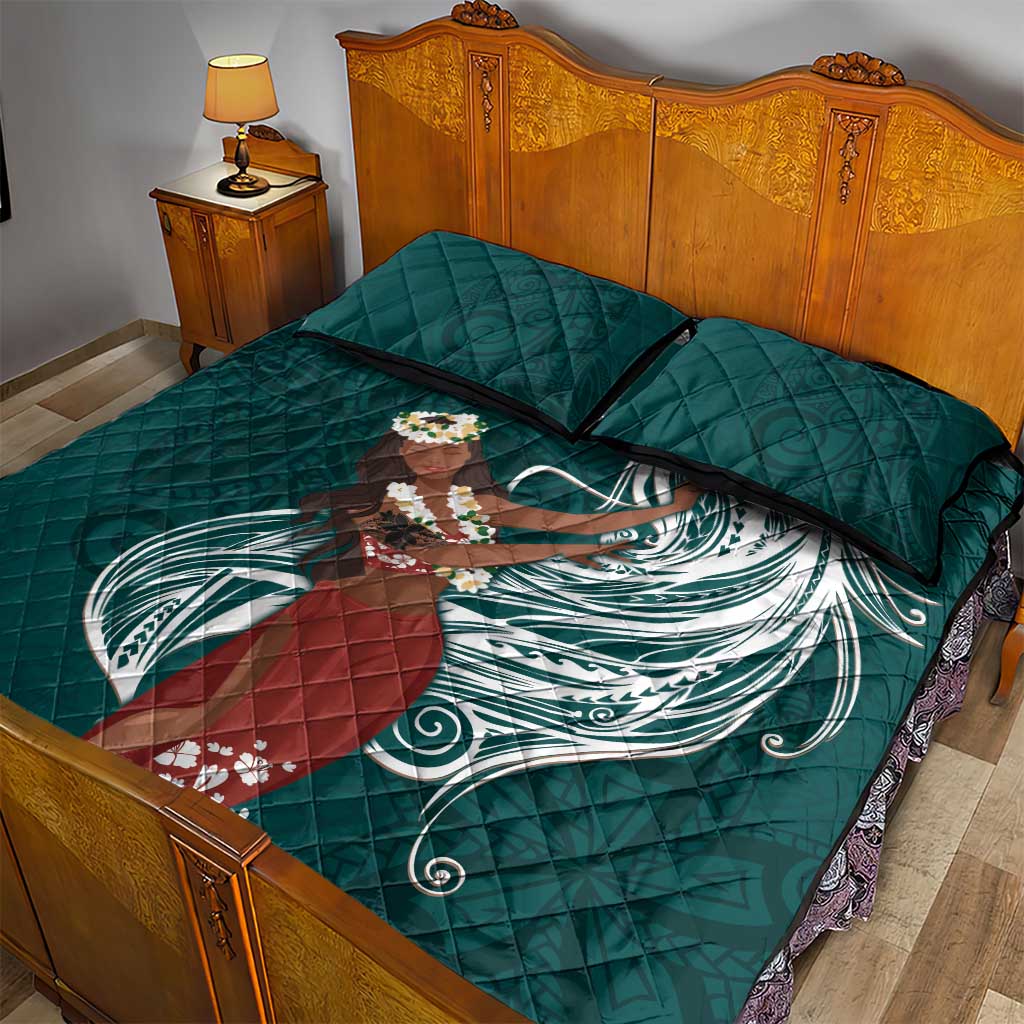 Tahiti Islands Polynesian Plumeria Quilt Bed Set Tahitian Vahine 'Ote'a - Teal LT7 - Polynesian Pride