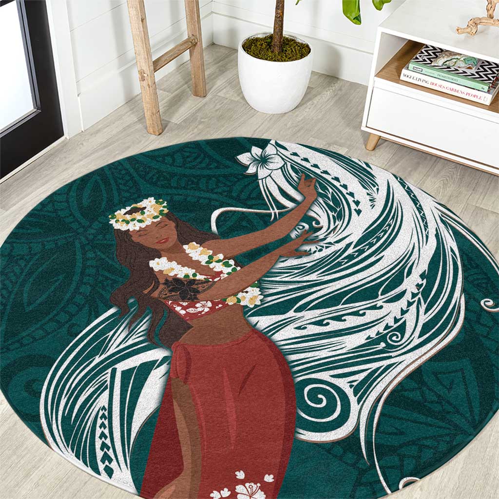 Tahiti Islands Polynesian Plumeria Round Carpet Tahitian Vahine 'Ote'a - Teal LT7 Teal - Polynesian Pride