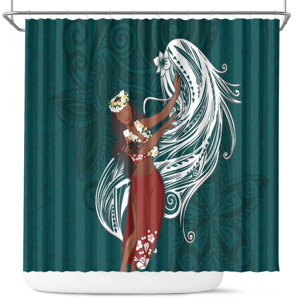 Tahiti Islands Polynesian Plumeria Shower Curtain Tahitian Vahine 'Ote'a - Teal LT7 Teal - Polynesian Pride