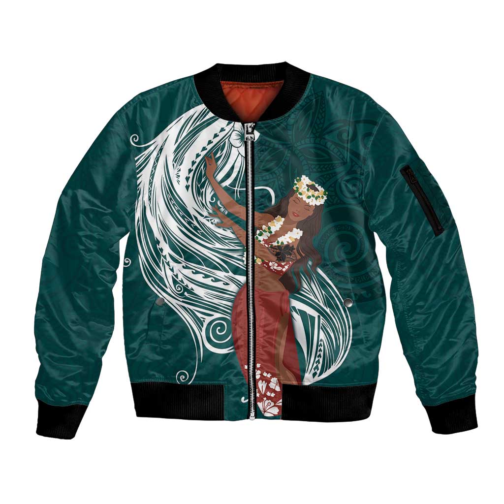 Tahiti Islands Polynesian Plumeria Sleeve Zip Bomber Jacket Tahitian Vahine 'Ote'a - Teal