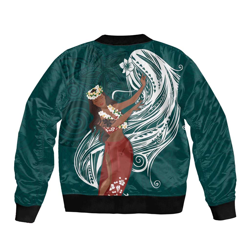 Tahiti Islands Polynesian Plumeria Sleeve Zip Bomber Jacket Tahitian Vahine 'Ote'a - Teal LT7 - Polynesian Pride