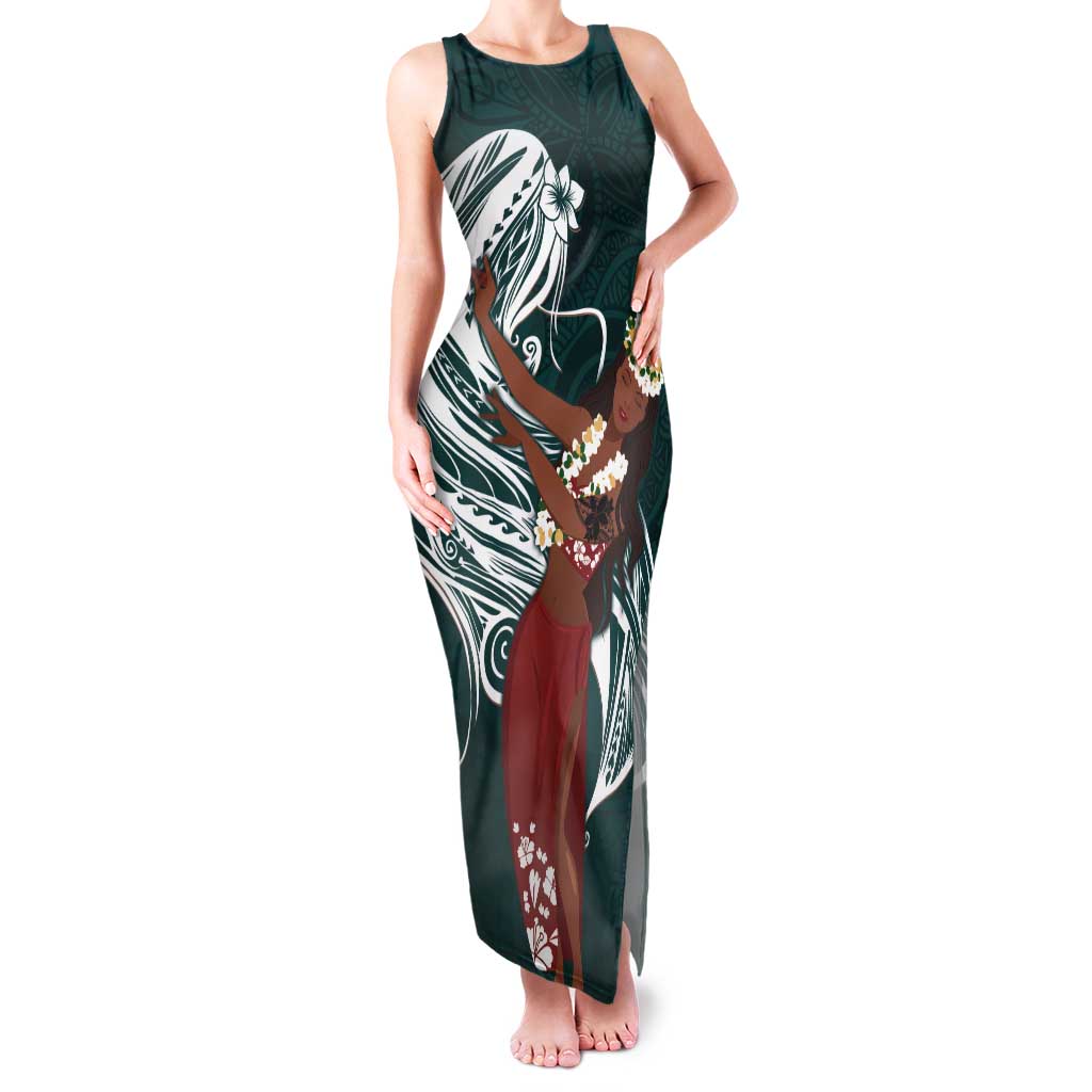 Tahiti Islands Polynesian Plumeria Tank Maxi Dress Tahitian Vahine 'Ote'a - Teal