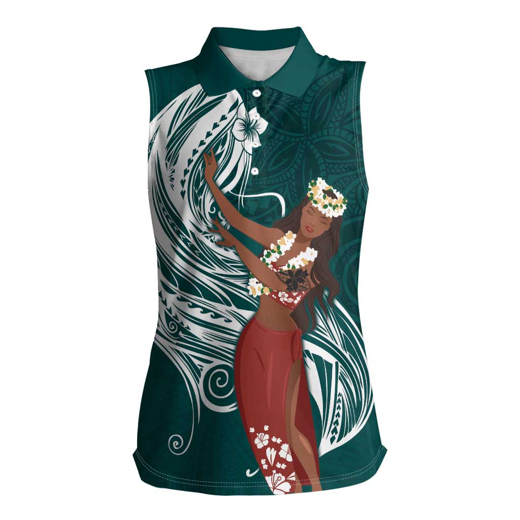 Tahiti Islands Polynesian Plumeria Women Sleeveless Polo Shirt Tahitian Vahine 'Ote'a - Teal