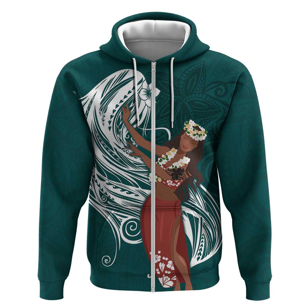 Tahiti Islands Polynesian Plumeria Zip Hoodie Tahitian Vahine 'Ote'a - Teal