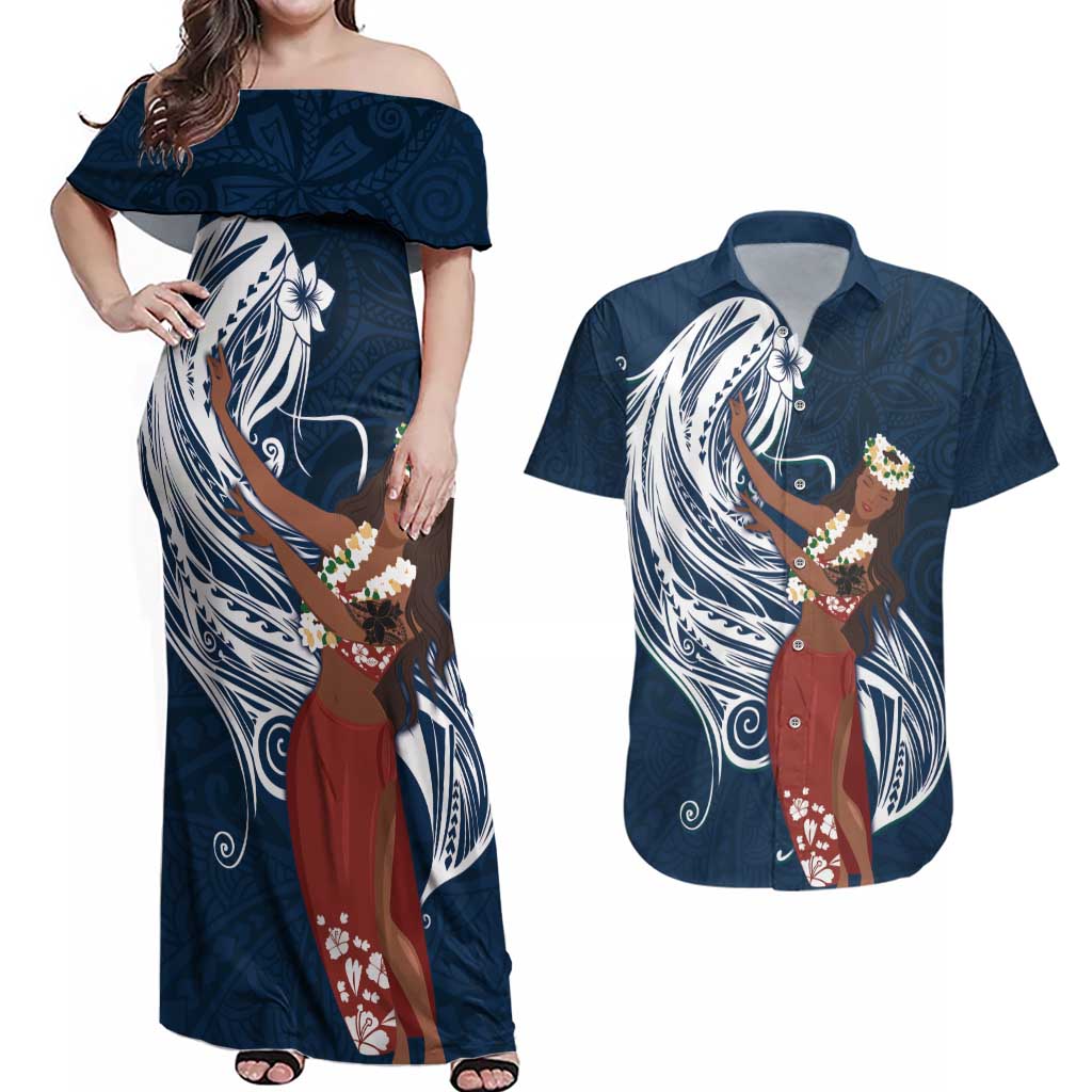 Tahiti Islands Polynesian Plumeria Couples Matching Off Shoulder Maxi Dress and Hawaiian Shirt Tahitian Vahine 'Ote'a - Navy Blue