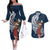 Tahiti Islands Polynesian Plumeria Couples Matching Off The Shoulder Long Sleeve Dress and Hawaiian Shirt Tahitian Vahine 'Ote'a - Navy Blue