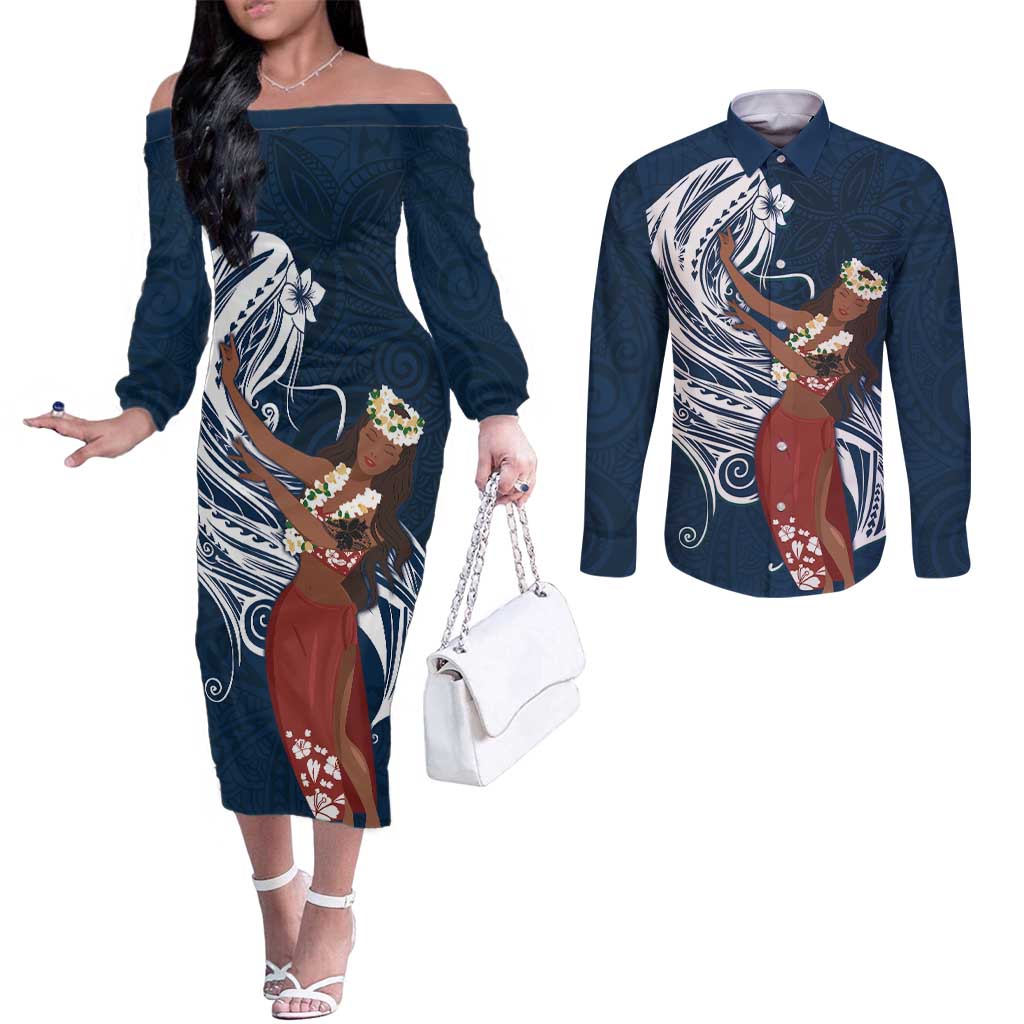 Tahiti Islands Polynesian Plumeria Couples Matching Off The Shoulder Long Sleeve Dress and Long Sleeve Button Shirt Tahitian Vahine 'Ote'a - Navy Blue