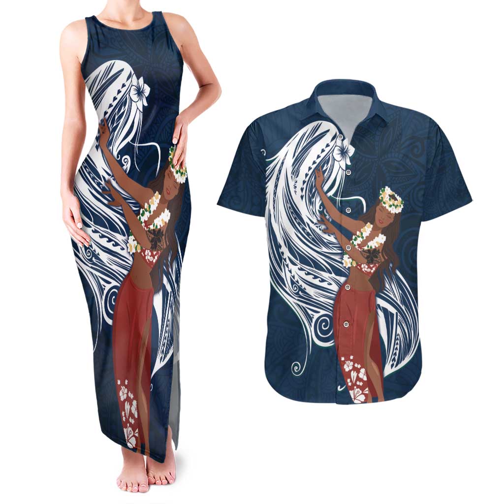 Tahiti Islands Polynesian Plumeria Couples Matching Tank Maxi Dress and Hawaiian Shirt Tahitian Vahine 'Ote'a - Navy Blue