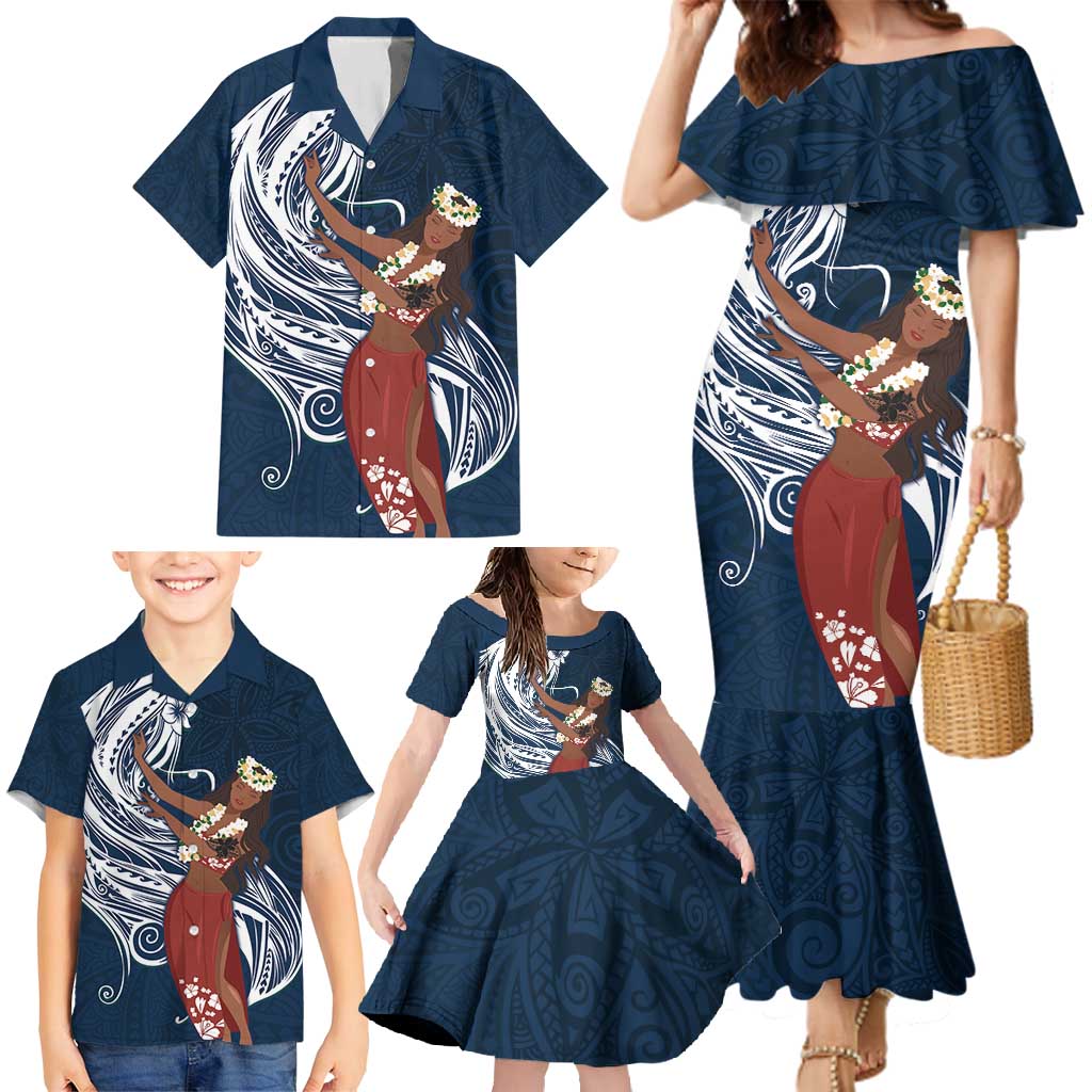 Tahiti Islands Polynesian Plumeria Family Matching Mermaid Dress and Hawaiian Shirt Tahitian Vahine 'Ote'a - Navy Blue