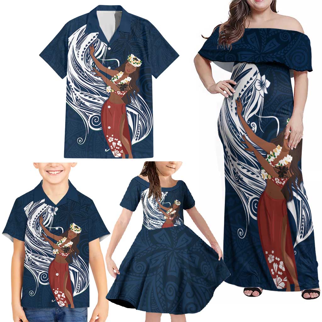 Tahiti Islands Polynesian Plumeria Family Matching Off Shoulder Maxi Dress and Hawaiian Shirt Tahitian Vahine 'Ote'a - Navy Blue