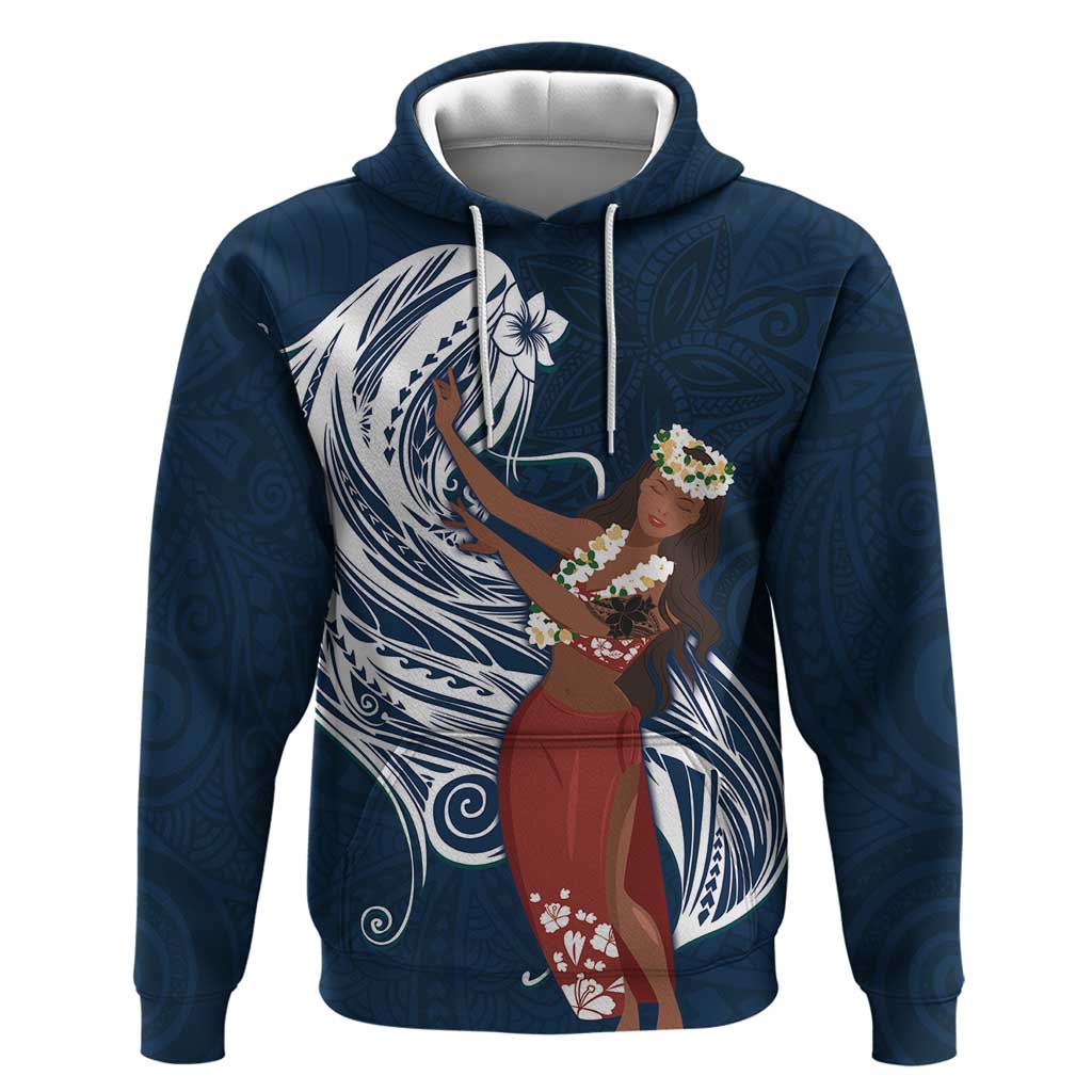 Tahiti Islands Polynesian Plumeria Hoodie Tahitian Vahine 'Ote'a - Navy Blue LT7 Pullover Hoodie Blue - Polynesian Pride
