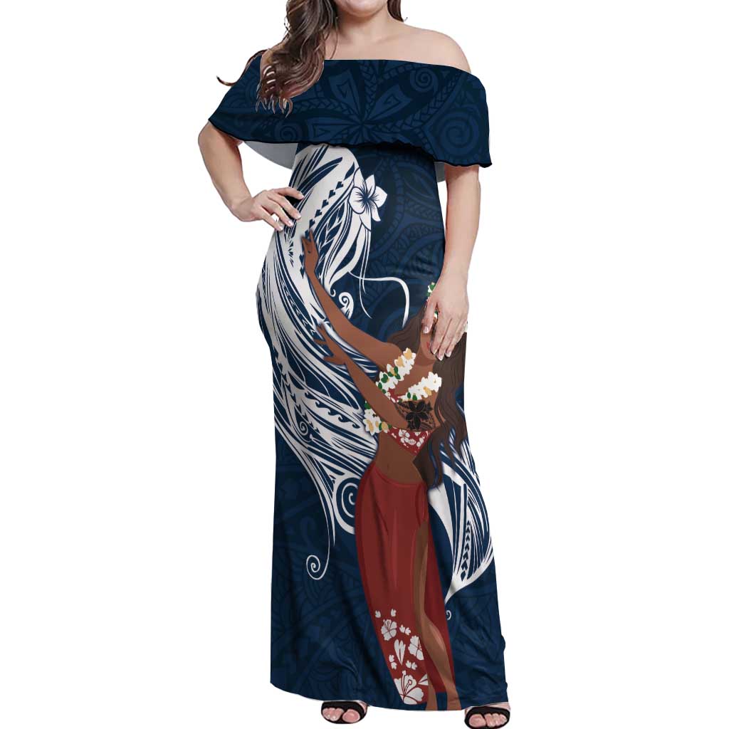 Tahiti Islands Polynesian Plumeria Off Shoulder Maxi Dress Tahitian Vahine 'Ote'a - Navy Blue