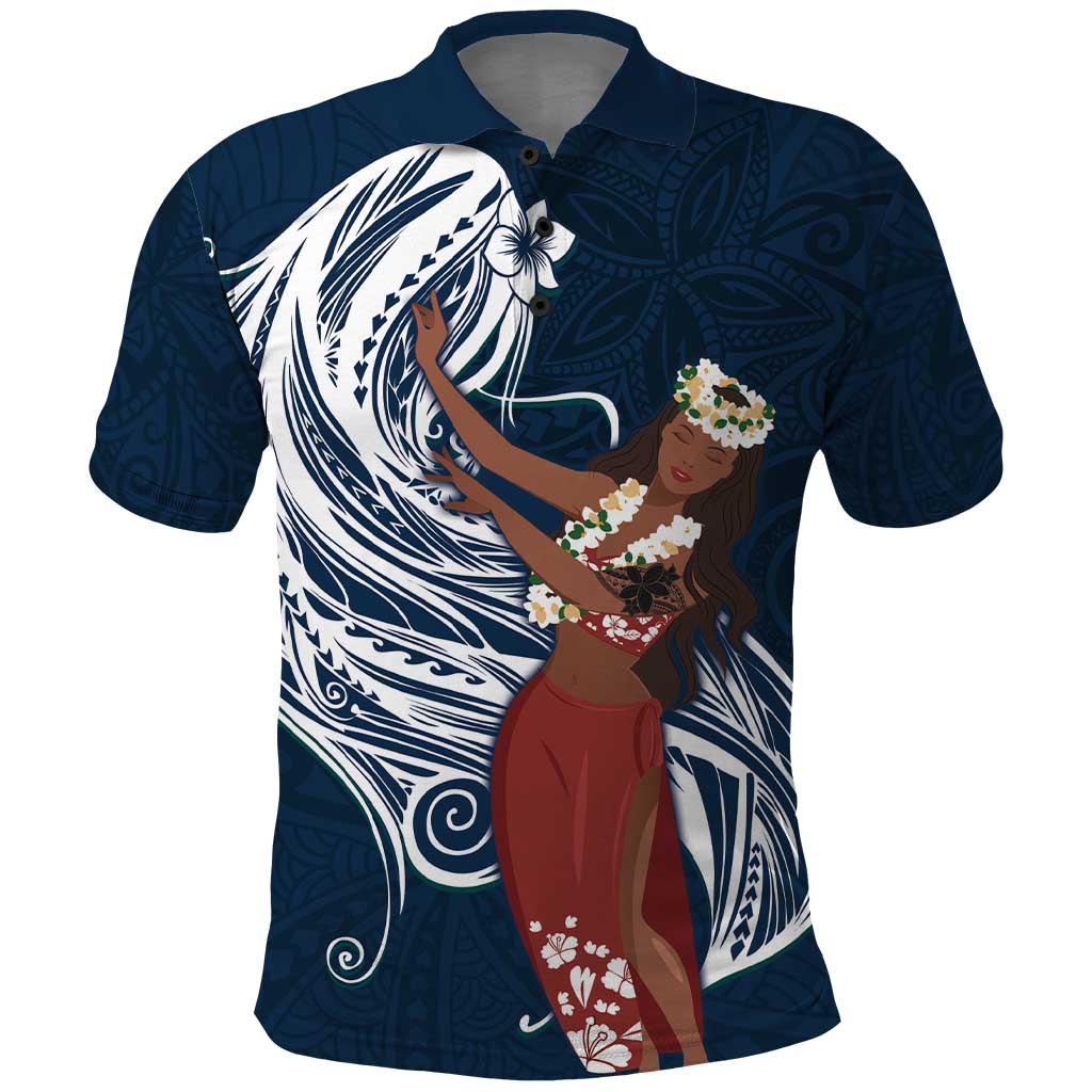 Tahiti Islands Polynesian Plumeria Polo Shirt Tahitian Vahine 'Ote'a - Navy Blue