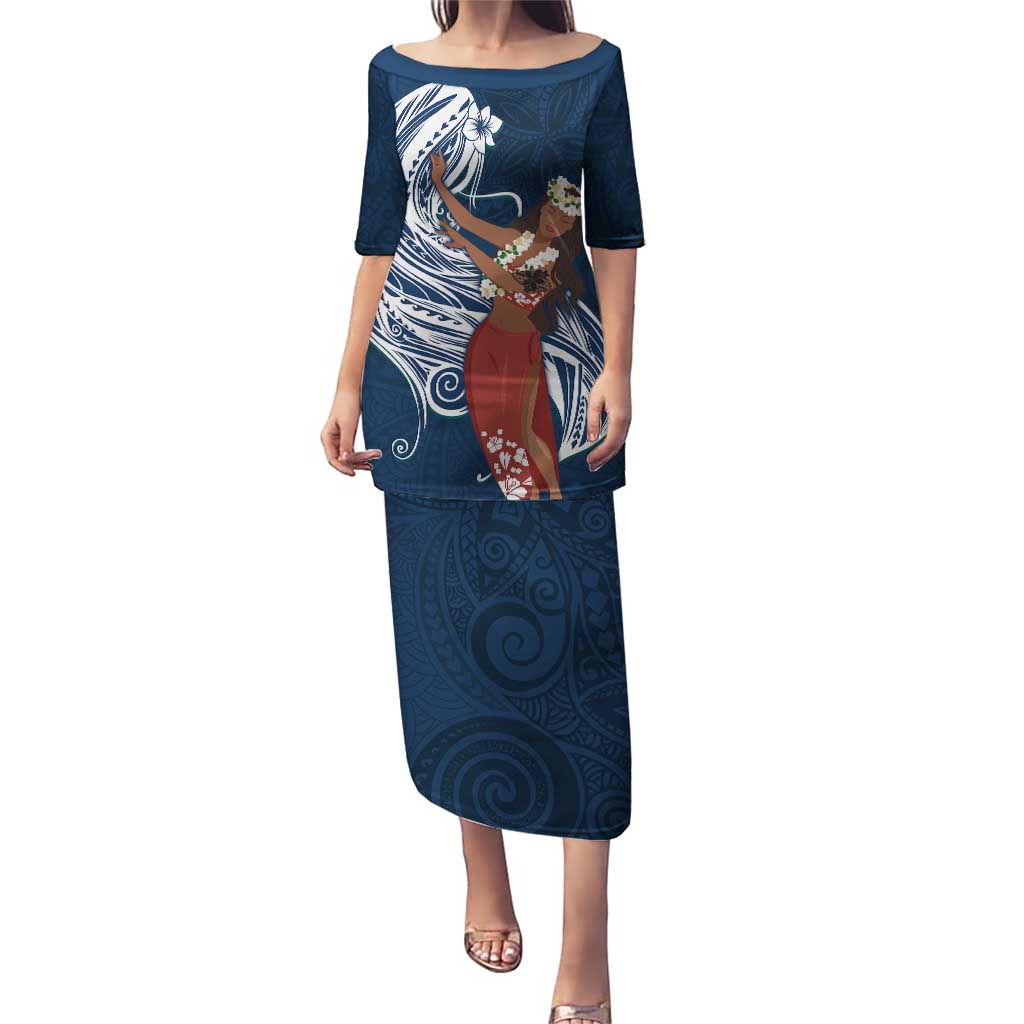 Tahiti Islands Polynesian Plumeria Puletasi Tahitian Vahine 'Ote'a - Navy Blue LT7 Long Dress Blue - Polynesian Pride