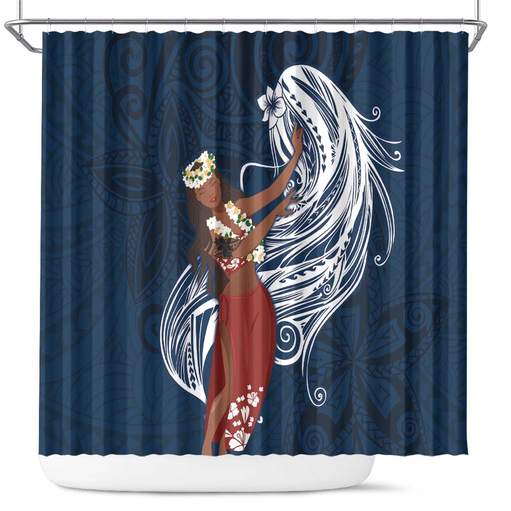 Tahiti Islands Polynesian Plumeria Shower Curtain Tahitian Vahine 'Ote'a - Navy Blue LT7 Blue - Polynesian Pride