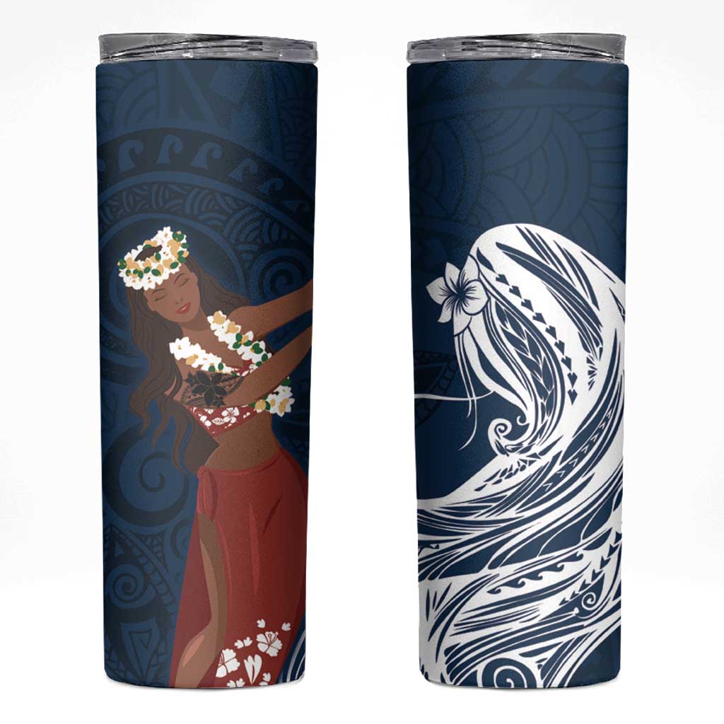 Tahiti Islands Polynesian Plumeria Skinny Tumbler Tahitian Vahine 'Ote'a - Navy Blue