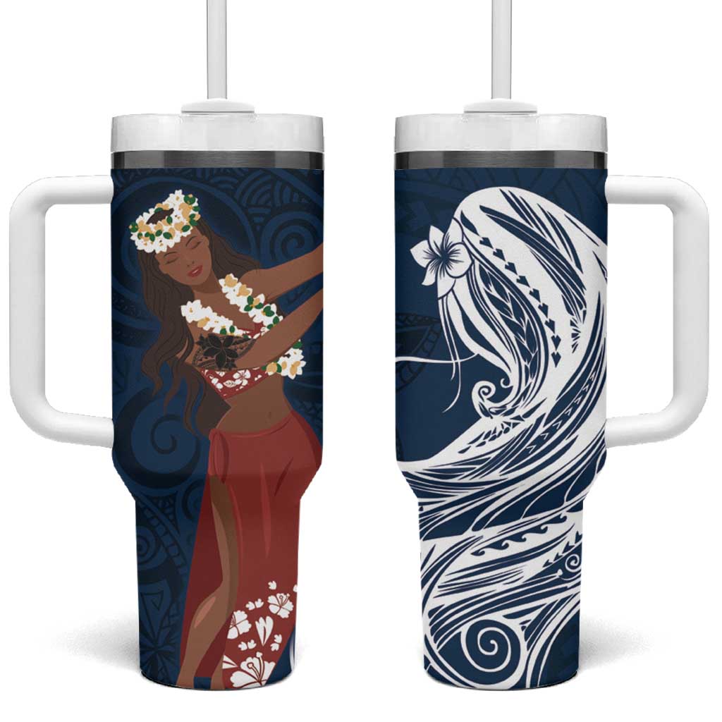 Tahiti Islands Polynesian Plumeria Tumbler With Handle Tahitian Vahine 'Ote'a - Navy Blue