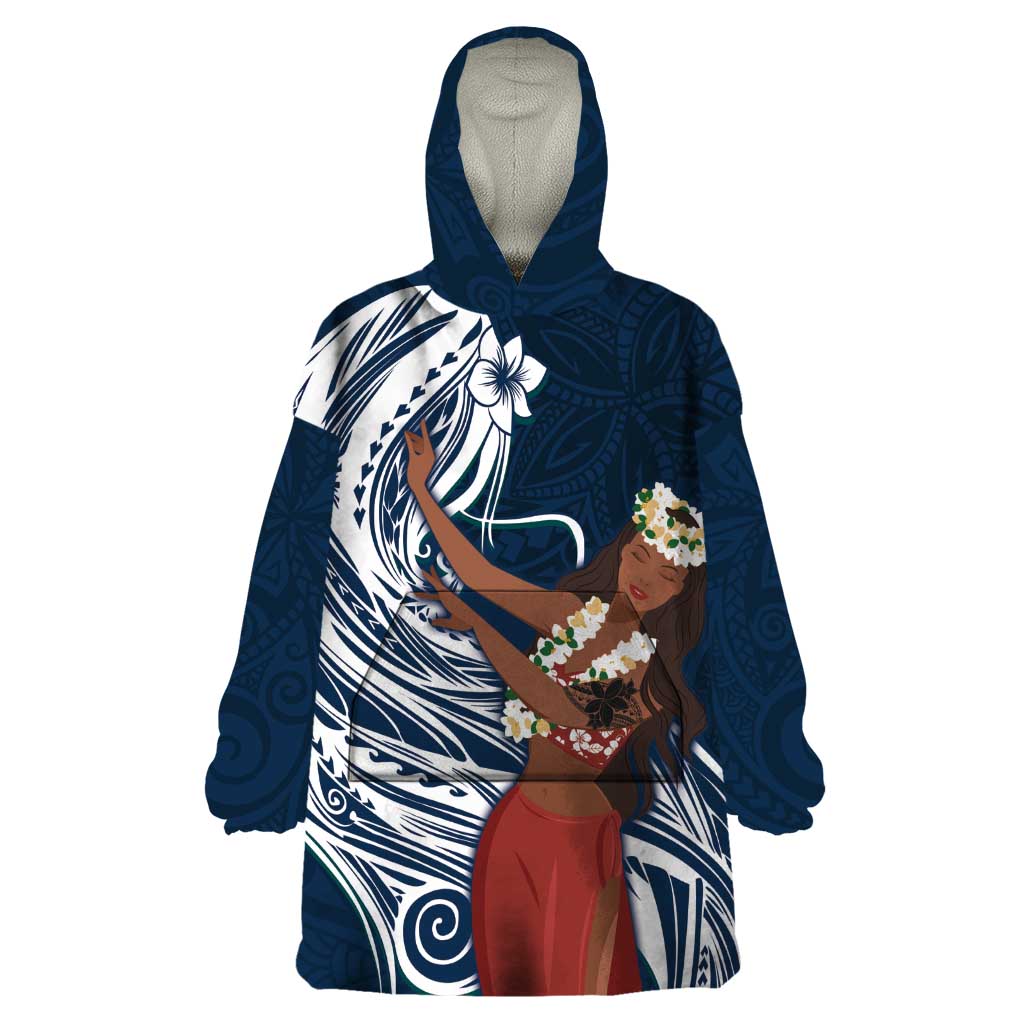 Tahiti Islands Polynesian Plumeria Wearable Blanket Hoodie Tahitian Vahine 'Ote'a - Navy Blue