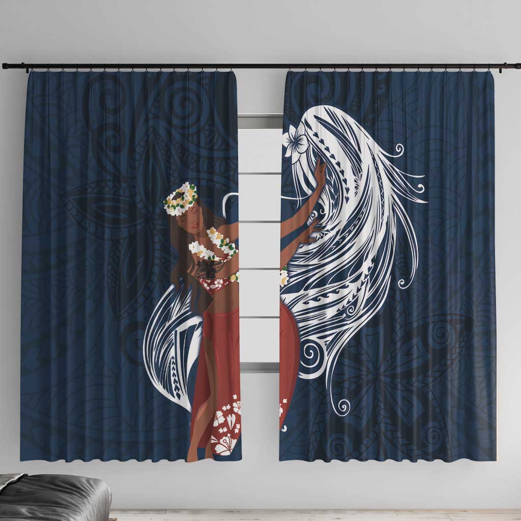 Tahiti Islands Polynesian Plumeria Window Curtain Tahitian Vahine 'Ote'a - Navy Blue