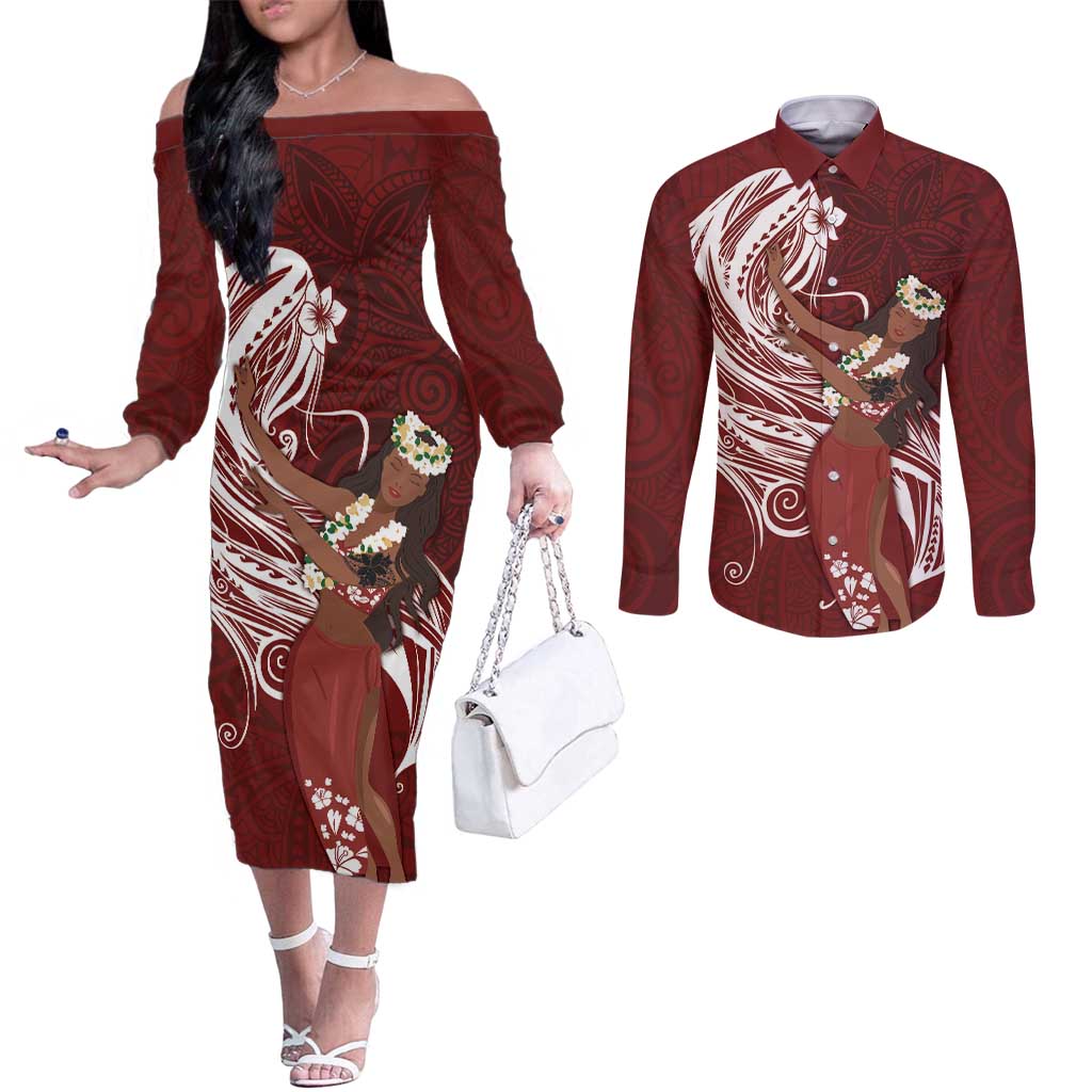 Tahiti Islands Polynesian Plumeria Couples Matching Off The Shoulder Long Sleeve Dress and Long Sleeve Button Shirt Tahitian Vahine 'Ote'a - Scarlet