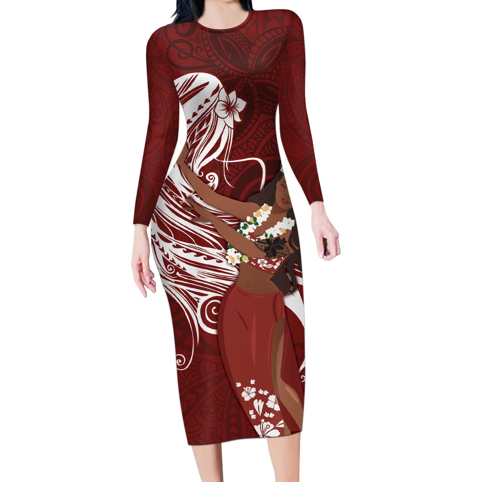 Tahiti Islands Polynesian Plumeria Long Sleeve Bodycon Dress Tahitian Vahine 'Ote'a - Scarlet