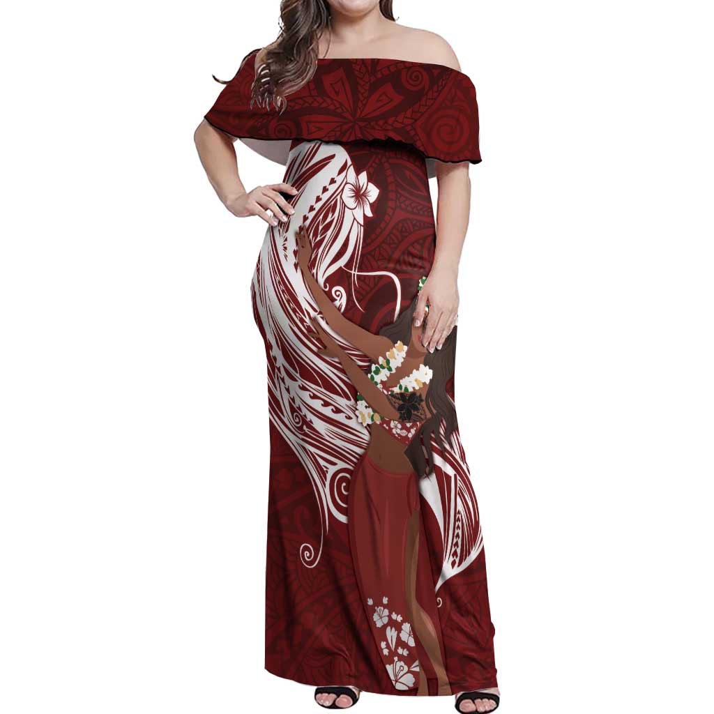 Tahiti Islands Polynesian Plumeria Off Shoulder Maxi Dress Tahitian Vahine 'Ote'a - Scarlet