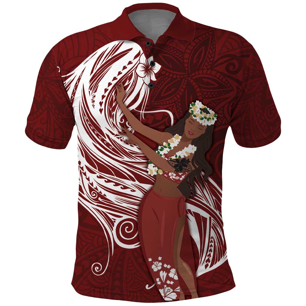 Tahiti Islands Polynesian Plumeria Polo Shirt Tahitian Vahine 'Ote'a - Scarlet