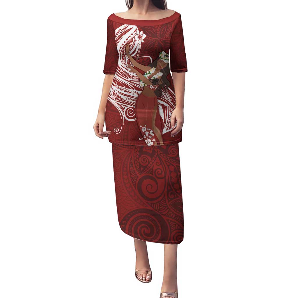 Tahiti Islands Polynesian Plumeria Puletasi Tahitian Vahine 'Ote'a - Scarlet LT7 Long Dress Red - Polynesian Pride