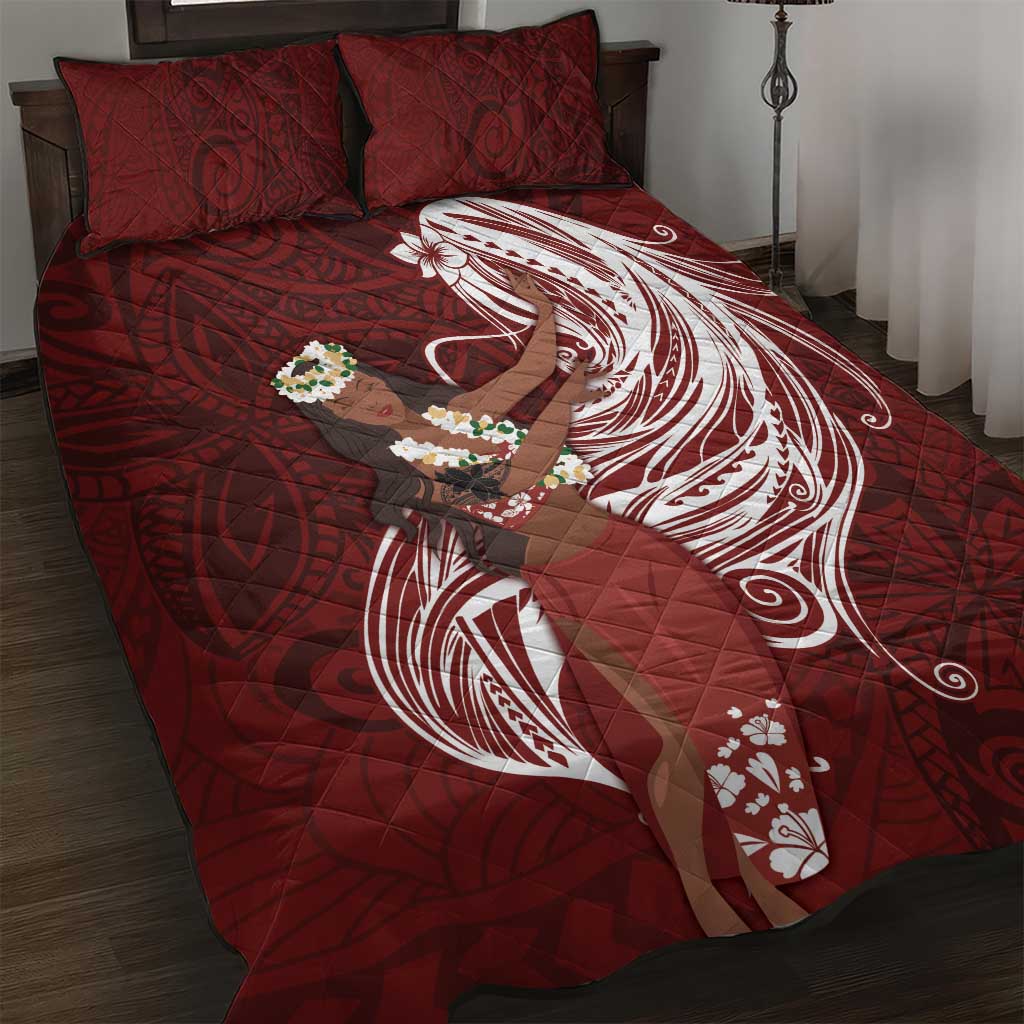 Tahiti Islands Polynesian Plumeria Quilt Bed Set Tahitian Vahine 'Ote'a - Scarlet