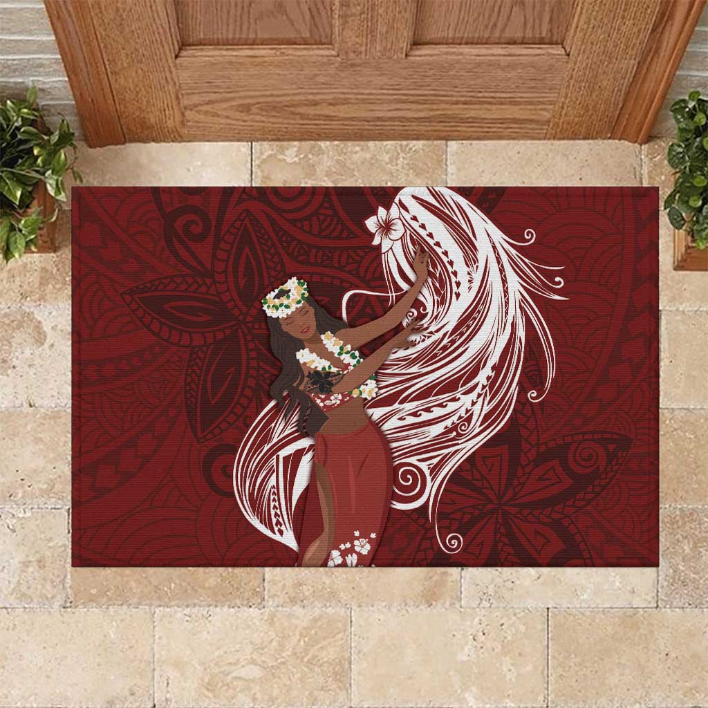 Tahiti Islands Polynesian Plumeria Rubber Doormat Tahitian Vahine 'Ote'a - Scarlet