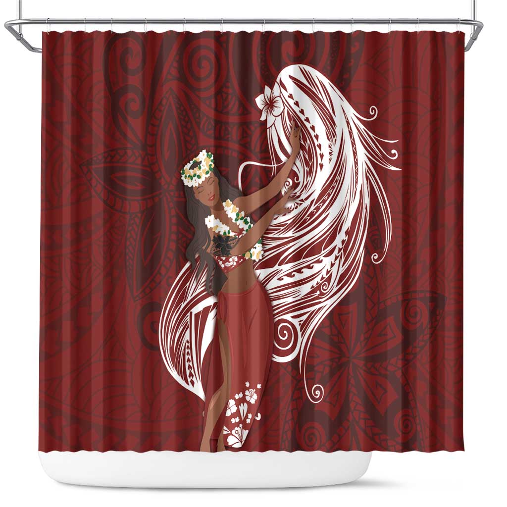 Tahiti Islands Polynesian Plumeria Shower Curtain Tahitian Vahine 'Ote'a - Scarlet