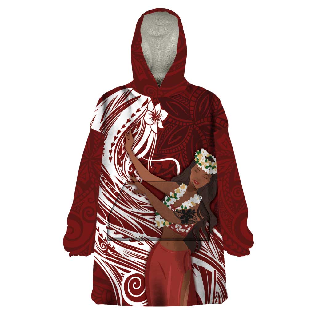 Tahiti Islands Polynesian Plumeria Wearable Blanket Hoodie Tahitian Vahine 'Ote'a - Scarlet