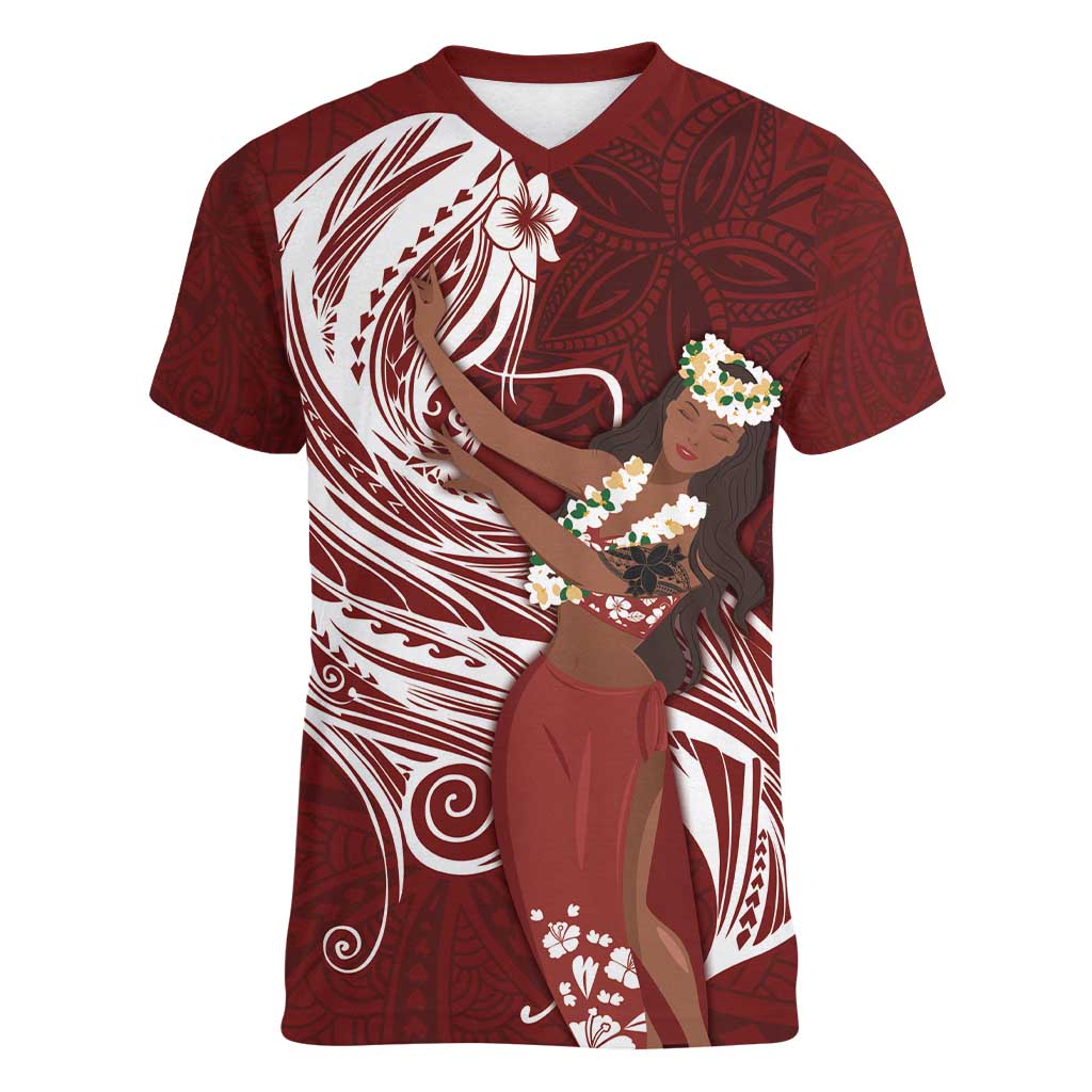 Tahiti Islands Polynesian Plumeria Women V-Neck T-Shirt Tahitian Vahine 'Ote'a - Scarlet