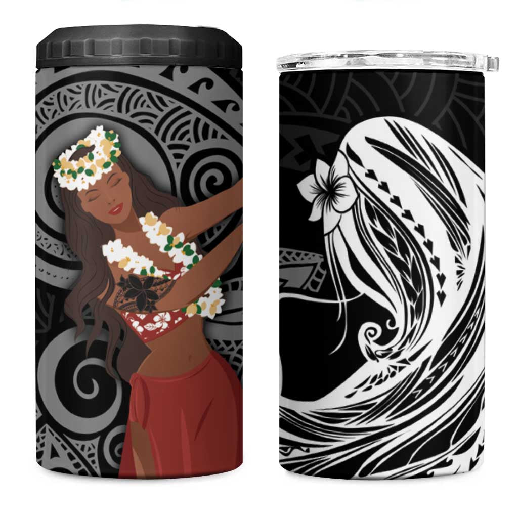 Tahiti Islands Polynesian Plumeria 4 in 1 Can Cooler Tumbler Tahitian Vahine 'Ote'a - Black