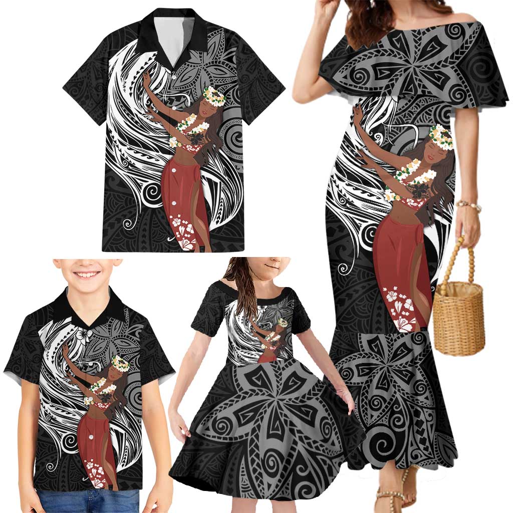 Tahiti Islands Polynesian Plumeria Family Matching Mermaid Dress and Hawaiian Shirt Tahitian Vahine 'Ote'a - Black