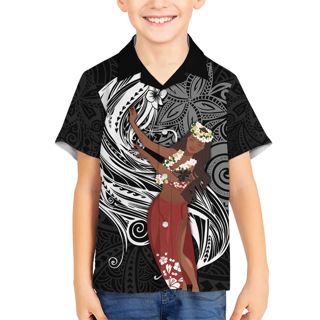 Tahiti Islands Polynesian Plumeria Kid Hawaiian Shirt Tahitian Vahine 'Ote'a - Black LT7 Kid Black - Polynesian Pride