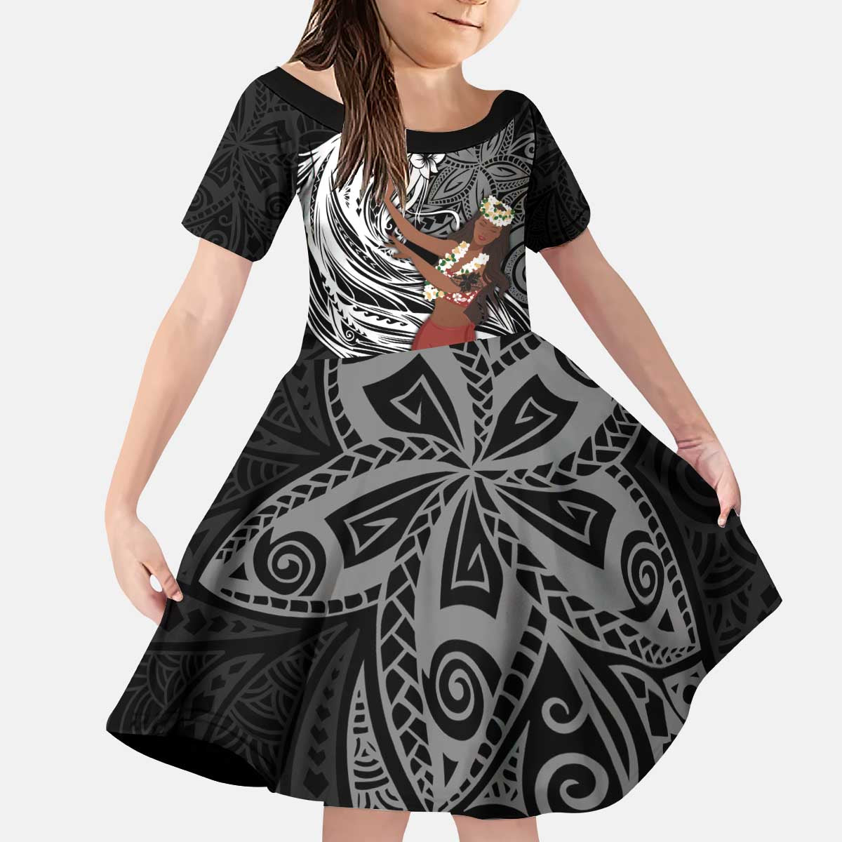 Tahiti Islands Polynesian Plumeria Kid Short Sleeve Dress Tahitian Vahine 'Ote'a - Black