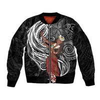 Tahiti Islands Polynesian Plumeria Sleeve Zip Bomber Jacket Tahitian Vahine 'Ote'a - Black LT7 Unisex Black - Polynesian Pride