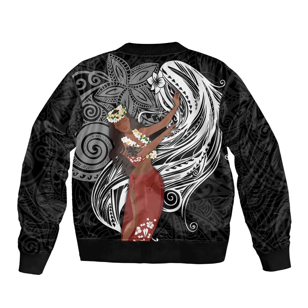 Tahiti Islands Polynesian Plumeria Sleeve Zip Bomber Jacket Tahitian Vahine 'Ote'a - Black LT7 - Polynesian Pride