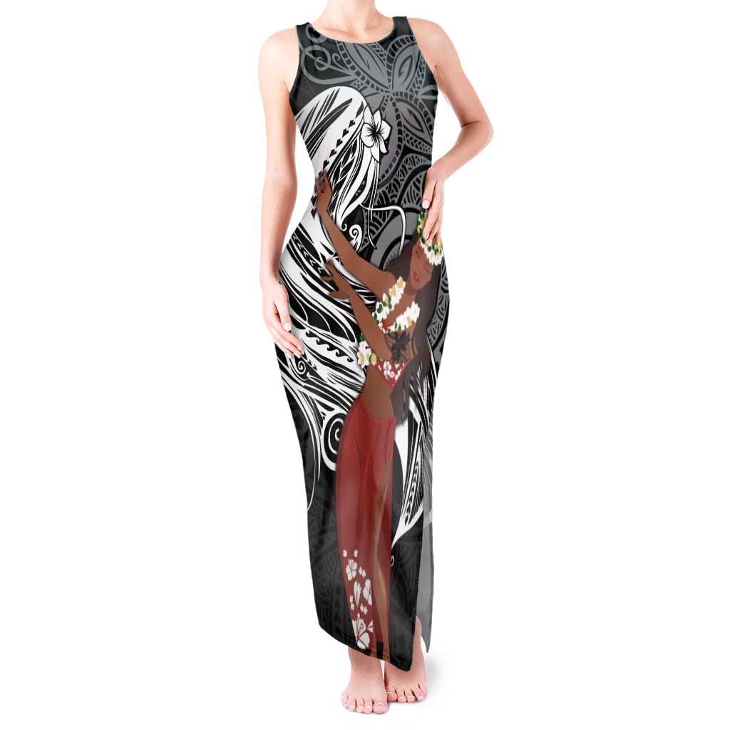 Tahiti Islands Polynesian Plumeria Tank Maxi Dress Tahitian Vahine 'Ote'a - Black