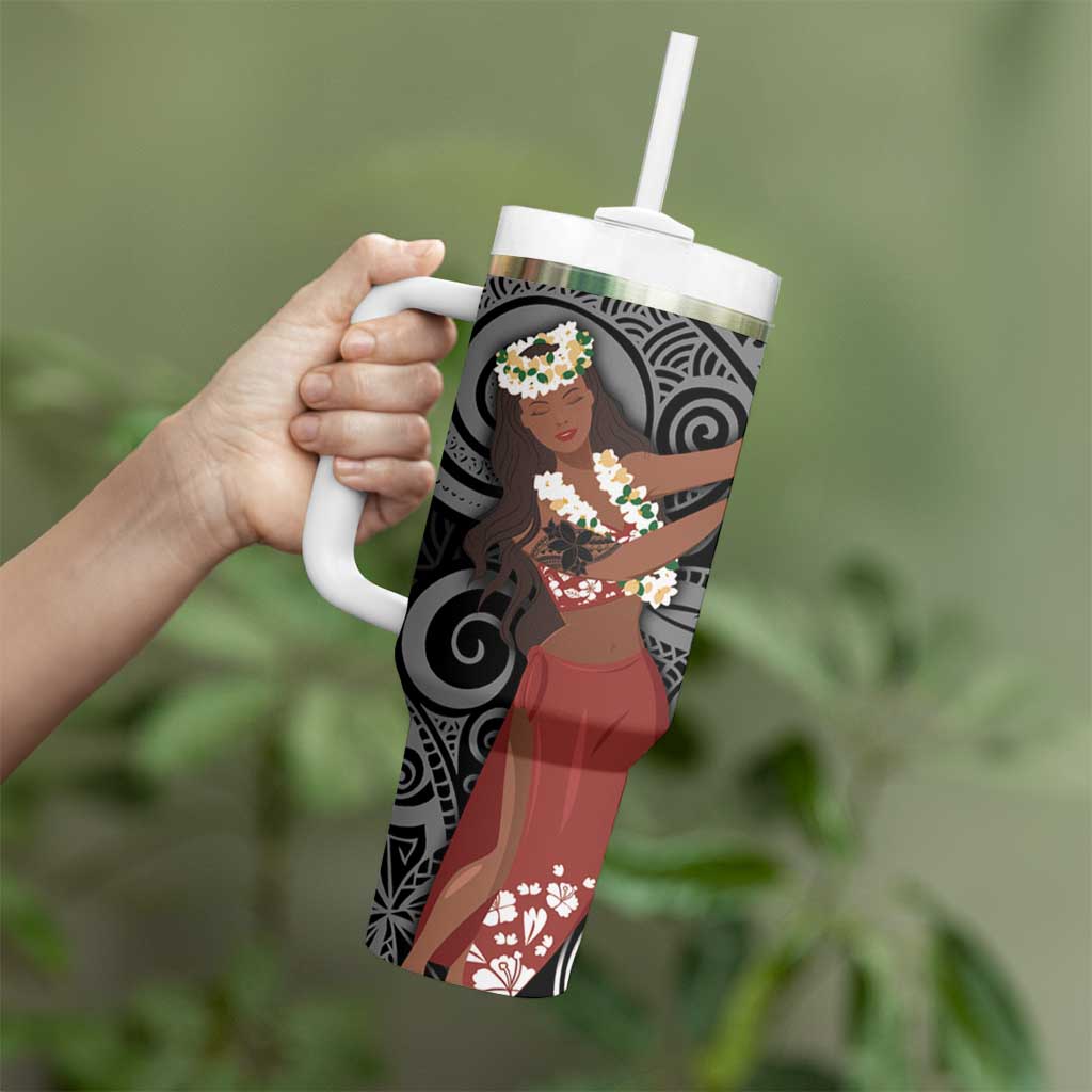 Tahiti Islands Polynesian Plumeria Tumbler With Handle Tahitian Vahine 'Ote'a - Black LT7 - Polynesian Pride