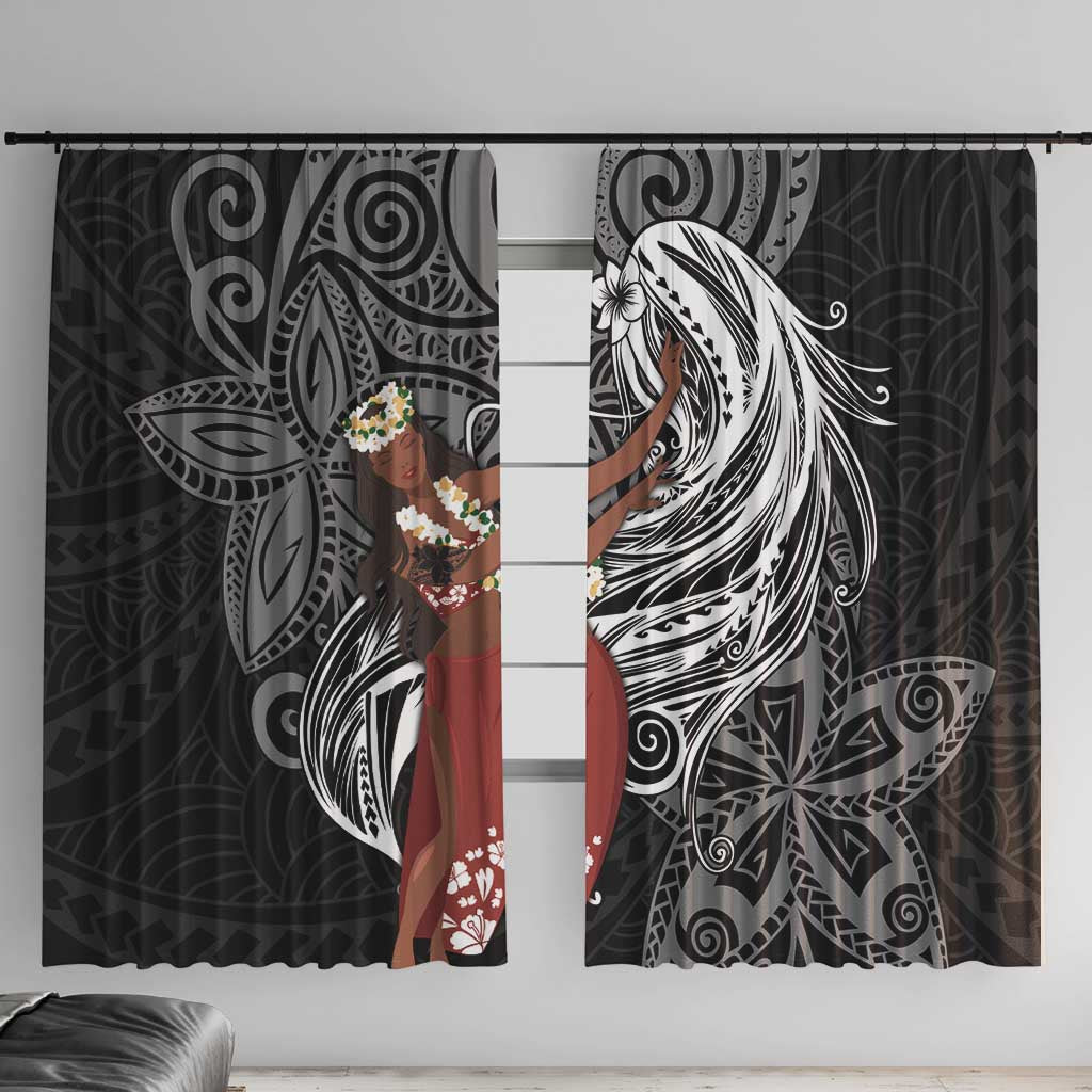 Tahiti Islands Polynesian Plumeria Window Curtain Tahitian Vahine 'Ote'a - Black