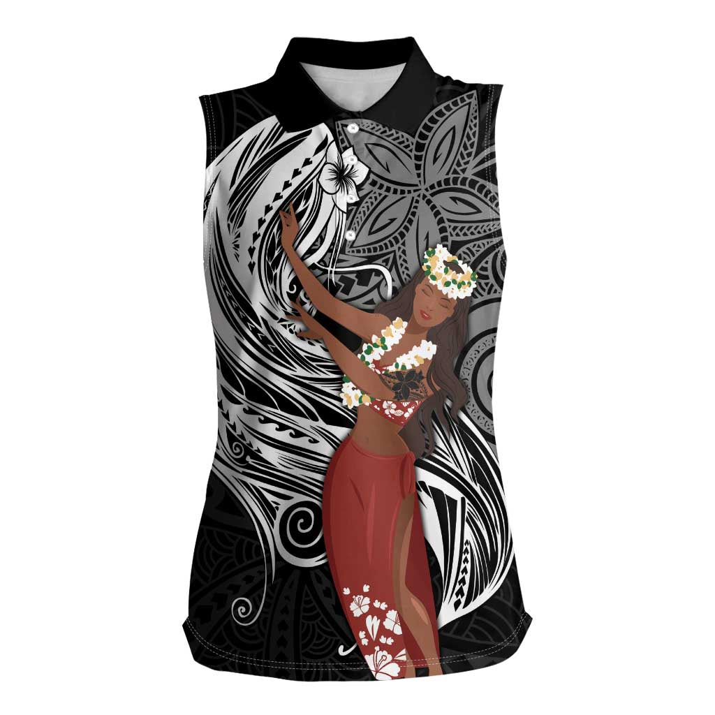 Tahiti Islands Polynesian Plumeria Women Sleeveless Polo Shirt Tahitian Vahine 'Ote'a - Black