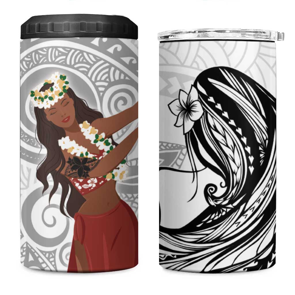 Tahiti Islands Polynesian Plumeria 4 in 1 Can Cooler Tumbler Tahitian Vahine 'Ote'a - White