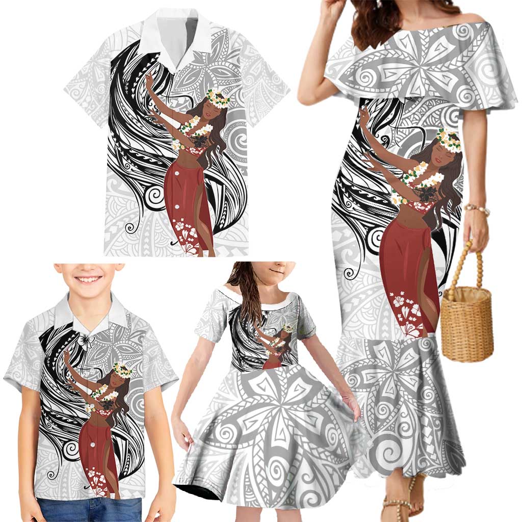 Tahiti Islands Polynesian Plumeria Family Matching Mermaid Dress and Hawaiian Shirt Tahitian Vahine 'Ote'a - White