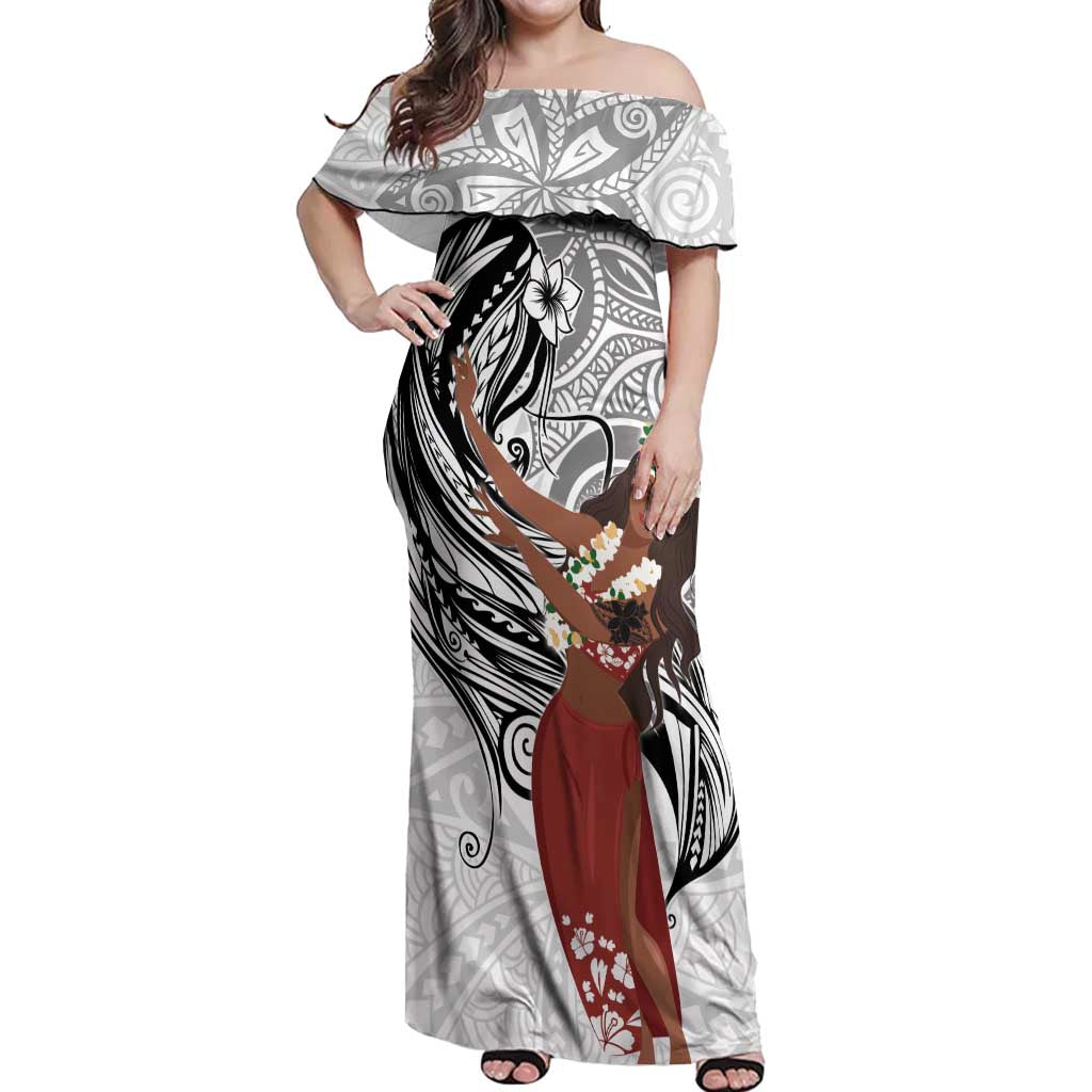 Tahiti Islands Polynesian Plumeria Off Shoulder Maxi Dress Tahitian Vahine 'Ote'a - White